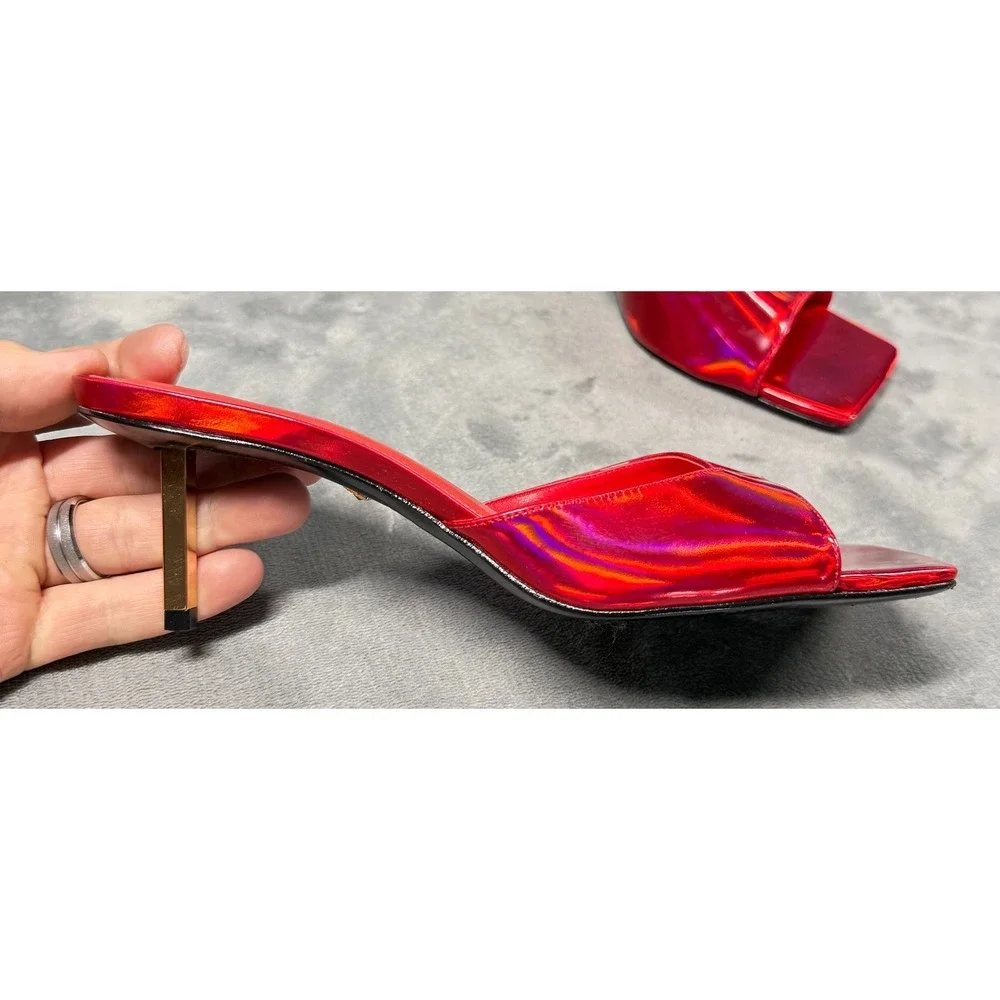Schutz Sandals Womens 8B Red Holographic Square Toe Heels Slide